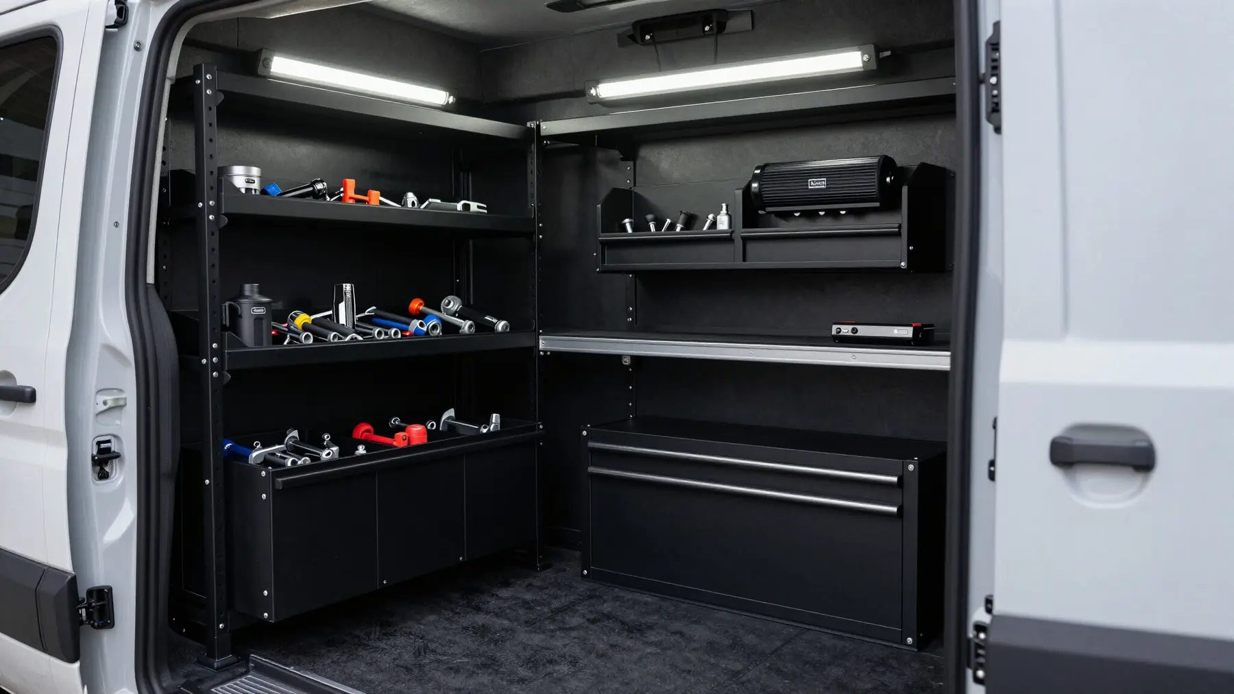 Work van interior with black shelving, storage compartments and tools